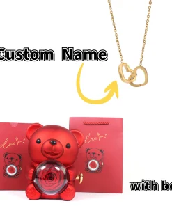 Rotating Eternal Rose Jewelry Box with Necklace-Teddy Bear Gift Box for Wedding & Special Occasions Custom Name Necklace Jewelry