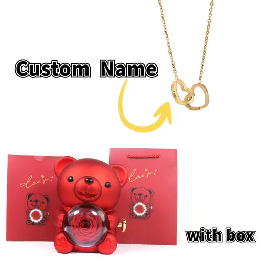 Rotating Eternal Rose Jewelry Box with Necklace-Teddy Bear Gift Box for Wedding & Special Occasions Custom Name Necklace Jewelry